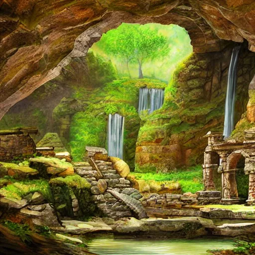 Image similar to ancient ruins,plants and waterfalls in the interior of a cave,digital art