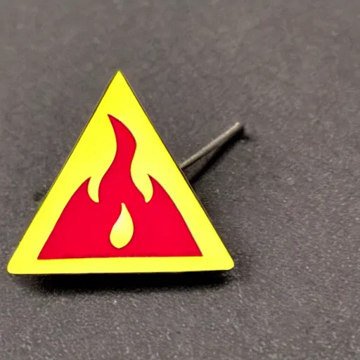 Image similar to a triangle enamel pin of a retro minimalistic fire flames warning label, smooth curves