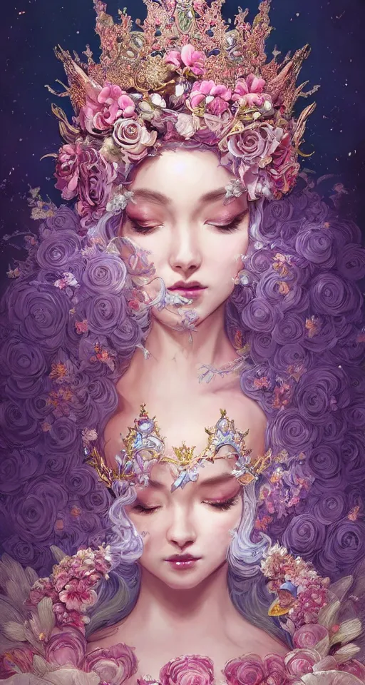 Prompt: A beautiful fantasy empress, highly detailed full body, breathtaking flower tiara, gorgeous aristocrat robe, beautiful figure, epic composition, ultra wide-shot, dynamic pose, concept art, beautifully lit, digital illustration, character design, ((sharp focus)), elegant, intricate, artstation, by WLOP and James Jean and Victo Ngai and Ryohei Hase