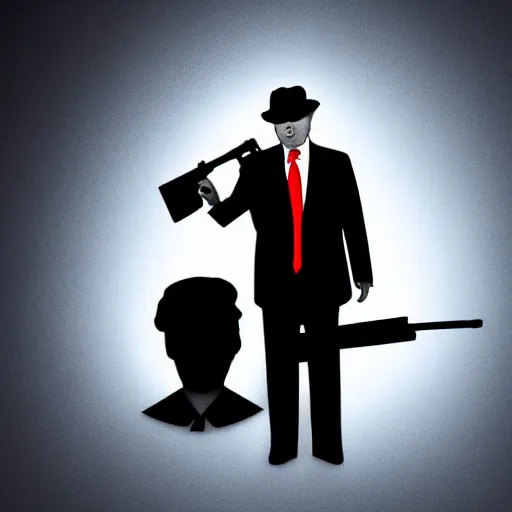 Image similar to mysterious donald trump in black suit and black hat, he has a tommy gun!!, mysterious, 4 k, highly detailed, digital art, strong shadows, high contrast, epic scene, atmospheric, blue colours, award winning photo