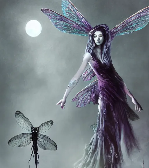 Image similar to gothic fairy with dragonfly wings, digital painting, liminal eerie midnight backlit, a picture taken by Michael Komarck and Karl Simon Gustafsson