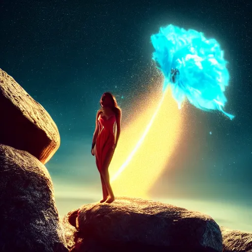 Image similar to A beautiful woman with long, flowy hair standing on a rock, witnessing the explosion of a bulging, corrupted star in space. trending on artstation, artstation futurism, artstation photography, subsurface scattering, 4k, 8k