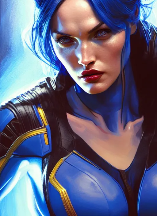 Image similar to portrait of apex legends megan fox as mystique from x - men, intricate, elegant, glowing lights, highly detailed, digital painting, artstation, glamor pose, concept art, smooth, sharp focus, illustration, art by artgerm and greg rutkowski, artey freytag