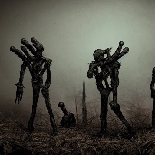 Image similar to the biological war, surrealistic detailed claymation art, dark, moody, foggy