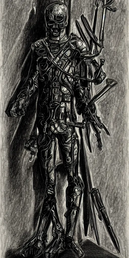 Image similar to full-body dark creepy neo gothic realistic diagram drawing central composition a decapitated soldier with futuristic elements. he looks at you with no head, dark dimension, empty helmet inside is occult mystical symbolism headless full-length view. standing on ancient altar eldritch energies disturbing frightening, hyper realism, 8k, sharpened depth of field, 3D