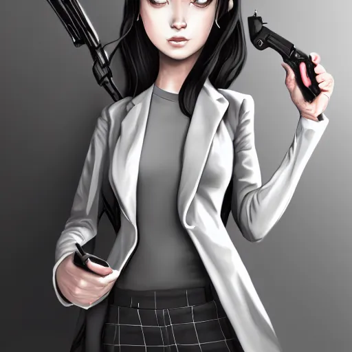 Image similar to a megan wearing a business, she has grey hair and is holding a revolver, digital painting, smooth, hd, realist, artstation, deviantart