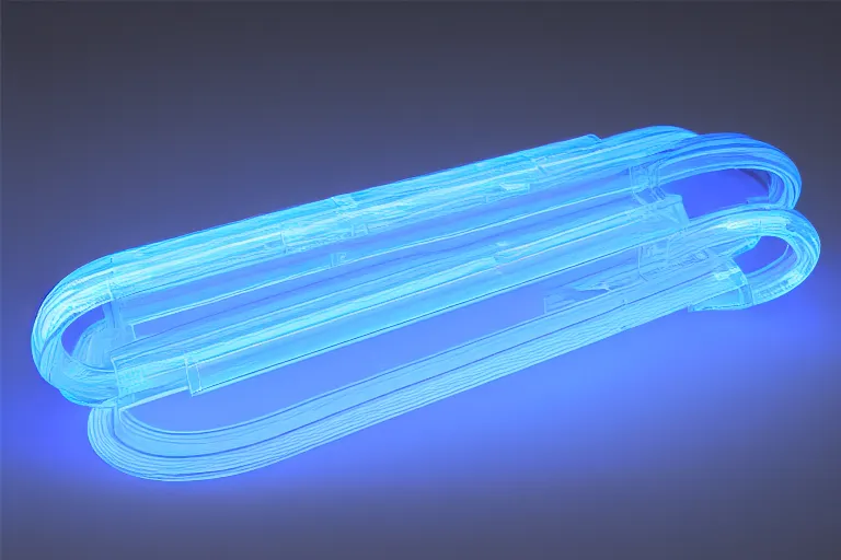 Prompt: long transparent long clear dark blue plastic hyperloop glowing in the dark