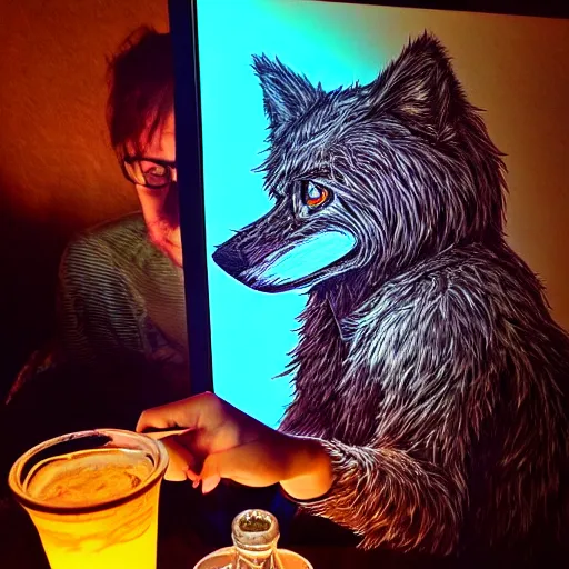 Image similar to photo portrait of drunk hobo artist drawing furries for booze, symmetry, awesome exposition, very detailed, highly accurate, intricate, professional lighting diffracted lightrays, 8 k, sense of awe