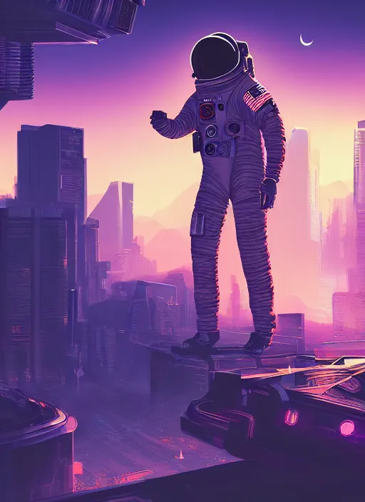 Image similar to An aesthetic Astronaut in a cyberpunk city during a sunset , extremely detailed digital painting, mystical colors, rim light, beautiful Lighting, 8k, stunning scene, raytracing