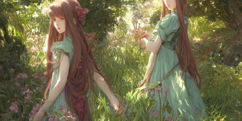 Image similar to a digital art of a loli with long hair in a dress in the privet garden at after noon, green and warm theme, by krenz cushart and mucha and akihito yoshida and greg rutkowski, detailed eyes, 4 k resolution 、 trending on art station