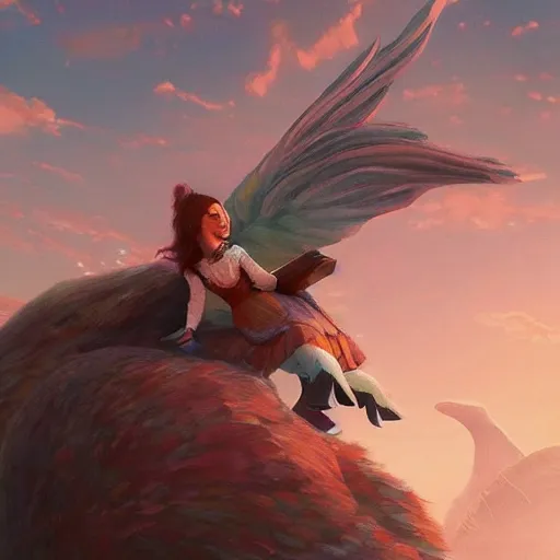 Prompt: a girl riding a giant bird, trending on artstation