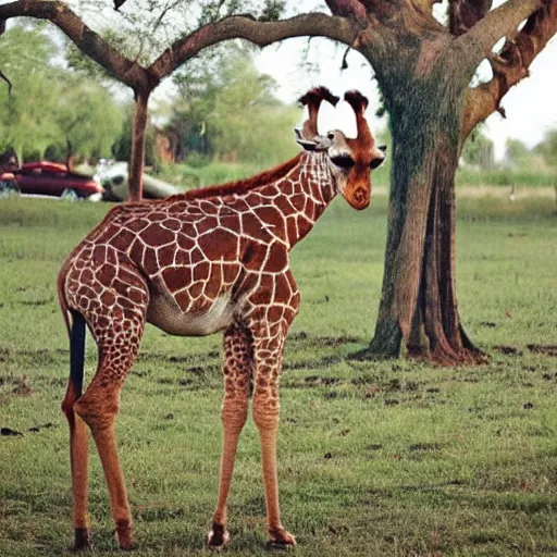 Image similar to a Giraffe-Pug Hybrid, A Giraffe that looks like a pug, huge tusks, afternoon hangout, good times photograph, candid