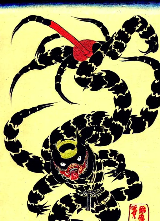 Image similar to mortal kombat's scorpion as a yokai illustrated by kawanabe kyosai and toriyama sekien