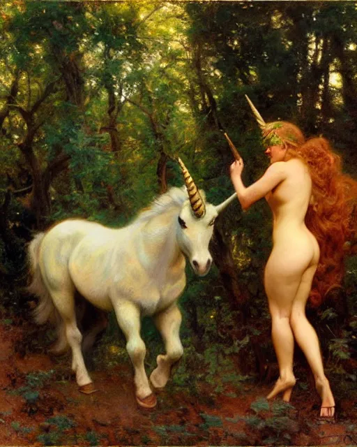 Prompt: a wild unicorn rears and points its hooves at an approaching wildcat, enchanted forest, painting by gaston bussiere, craig mullins, j. c. leyendecker