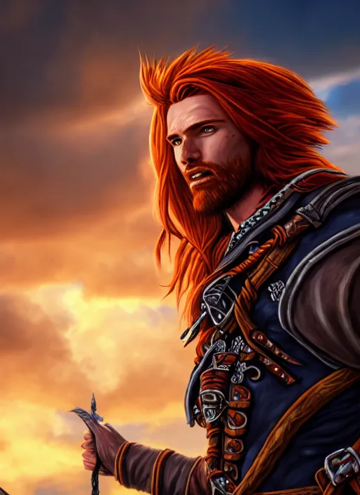 Image similar to An epic fantasy comic book style portrait painting of a long haired, red headed male sky-pirate in front of an airship in the style of the wheel of time, unreal 5, DAZ, hyperrealistic, octane render, cosplay, RPG portrait, dynamic lighting