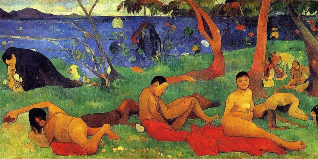 Image similar to there is another world very close to ours that we don't perceive directly, but they do interact sometimes. painting by paul gauguin ( 1 9 0 0 )