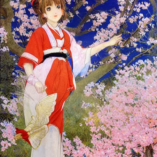 Image similar to Sakura from Cardcaptor Sakura painting masterpiece by vasnetsov and surikov, JEAN-VICTOR BERTIN, by Terence Cuneo