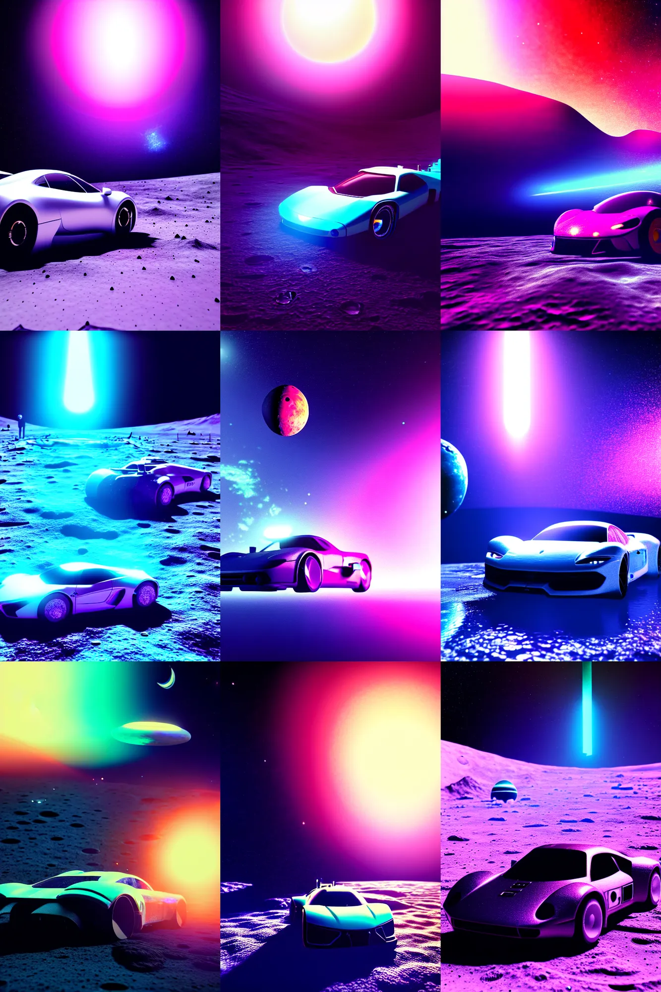 Prompt: a supercar on the moon in water, an astronaut standing beside, vaporwave light, galaxy in background, 4 k, trending on artstation, award winning, photorealistic, volumetric lighting, octane render,