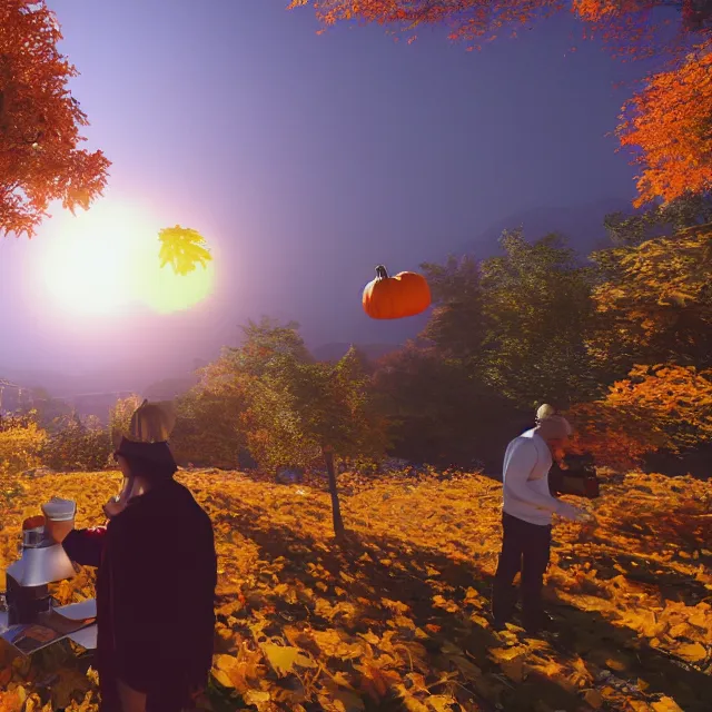 Prompt: pumpkin headed people ordering coffee at a coffee stand, maple trees with fall foliage, on a mountain, volumetric, realistic, cinematic lighting, ray tracing, unreal engine 5, octane render, hyper realistic, photo, 8 k