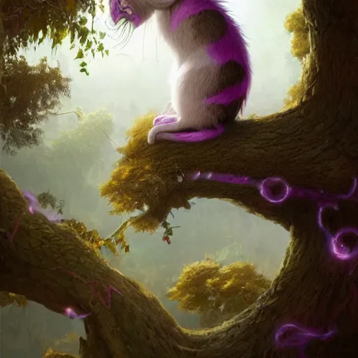 Image similar to cheshire cat sitting on a tree, matte painting by greg rutkowski, artstation