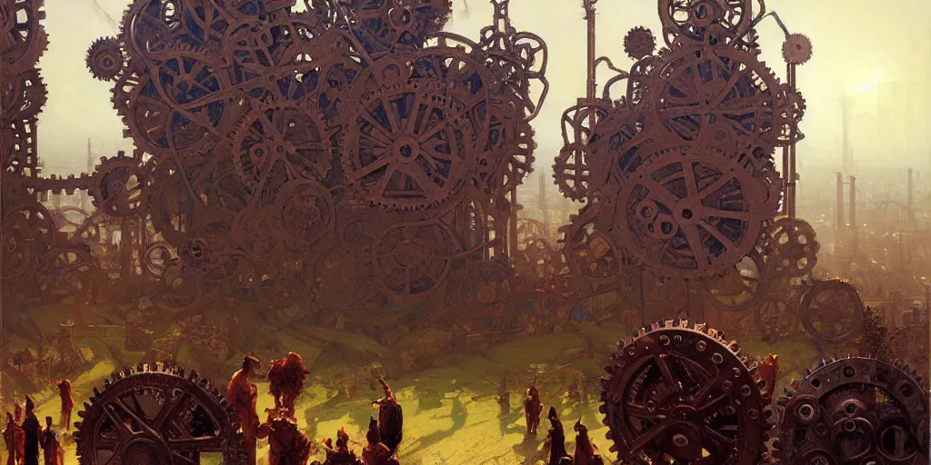 Prompt: giant interlocked gears cogs no people clockwork, giant mechanisms, industry, villages castles, buildings vista artstation illustration sharp focus sunlit vista painted by ruan jia raymond swanland lawrence alma tadema zdzislaw beksinski norman rockwell tom lovell alex malveda greg staples