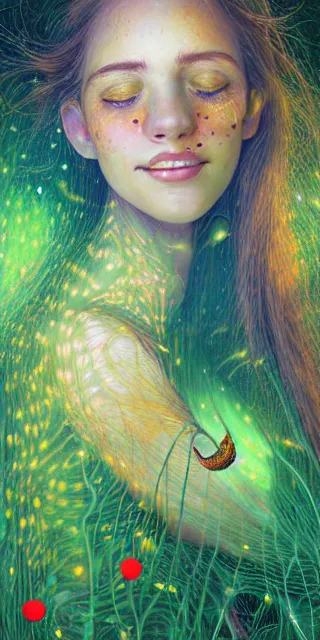 Image similar to infp young woman, smiling amazed, golden fireflies lights, sitting in the midst of nature fully covered, long loose red hair, intricate linework, bright accurate green eyes, small nose with freckles, oval shape face, realistic, expressive emotions, dramatic lights spiritual scene, hyper realistic art by michael cheval, jessica rossier, boris vallejo