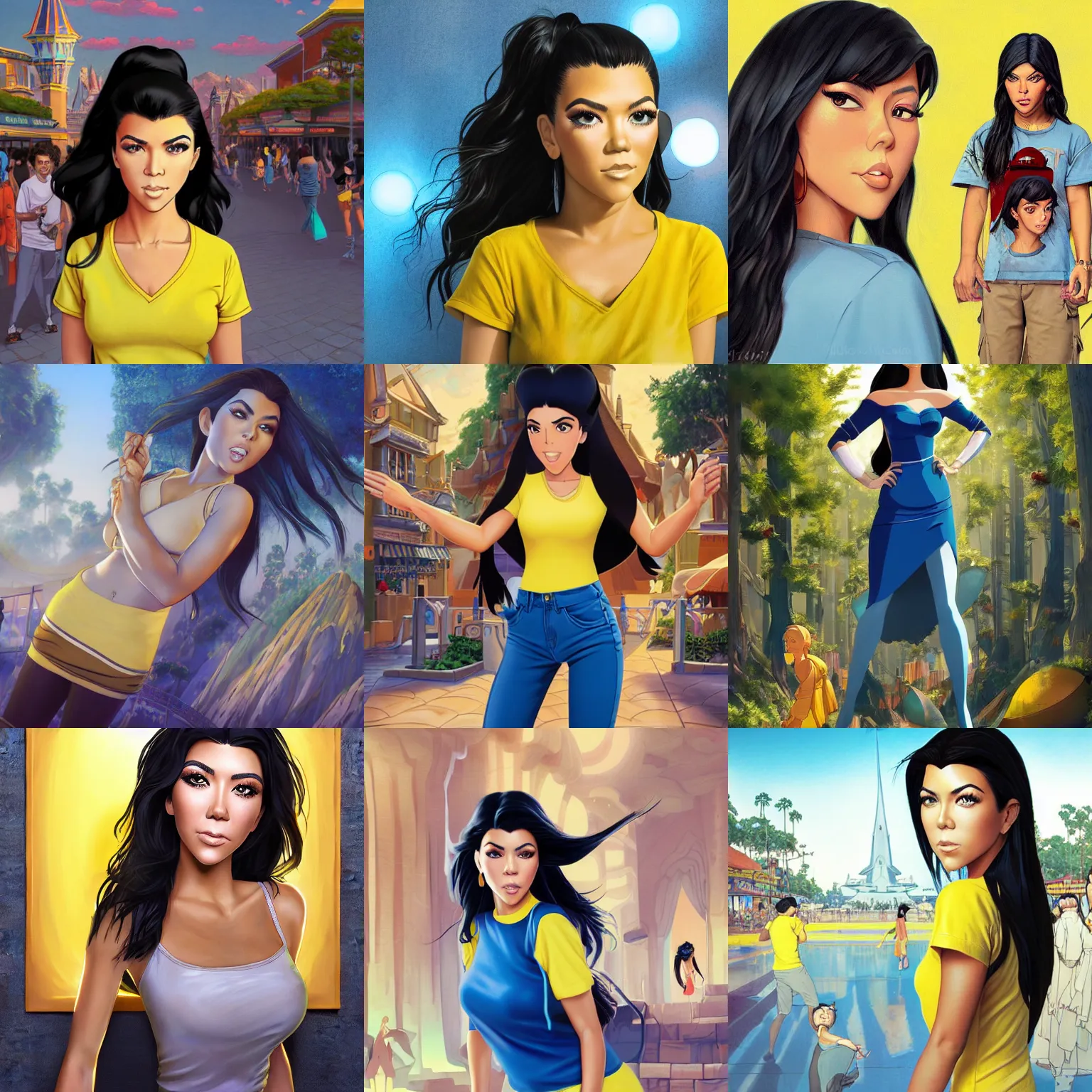 Prompt: full body cartoon render painting of a strikingly gorgeous assiniboine and mandan kourtney kardashian with blue eyes and long dark brown hair, wearing a modern yellow tshirt, at california adventure, rossdraws, studio ghibli, norman rockwell, emiliano ponzi, epic composition, hd, octane, unreal engine, volumetric lighting, light rays, masterpiece, award - winning