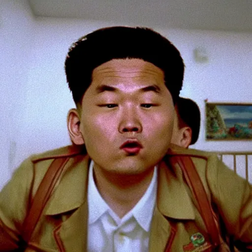 Prompt: hyperralism pineapple express movie still photography of hyperrealism detailed north korean kim chen with detailed face smoking weed in basement bedroom