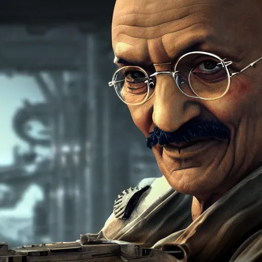 Image similar to Portrait of Mahatma Gandhi in Gears of War, splash art, movie still, cinematic lighting, dramatic, octane render, long lens, shallow depth of field, bokeh, anamorphic lens flare, 8k, hyper detailed, 35mm film grain