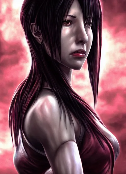 Prompt: administrator of nightmare realm Tifa Lockhart stares intently at you. ultra detailed painting at 16K resolution and epic visuals. epically surreally beautiful image. amazing effect, image looks crazily crisp as far as it's visual fidelity goes, absolutely outstanding. vivid clarity. ultra. iridescent. mind-breaking. mega-beautiful pencil shadowing. beautiful face. Ultra High Definition. processed twice. polished marble.