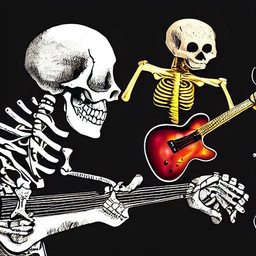 Image similar to skeleton wearing headphones watching girl playing guitar with her black cat standing next to her, digital art