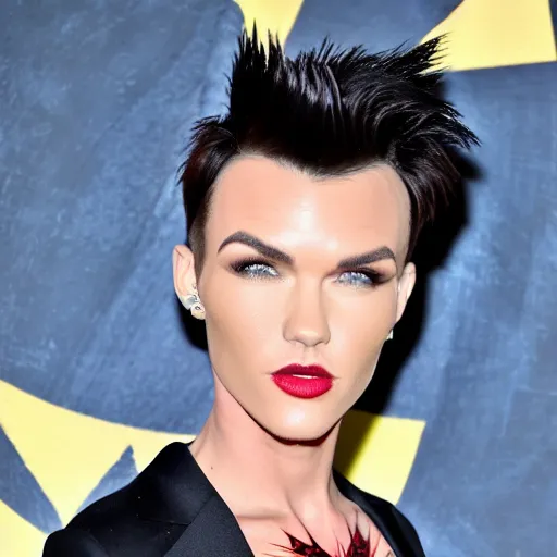 Prompt: Ruby Rose with spiky red hair and wearing gold contact lenses and dressed in a blue suit with a yellow tie