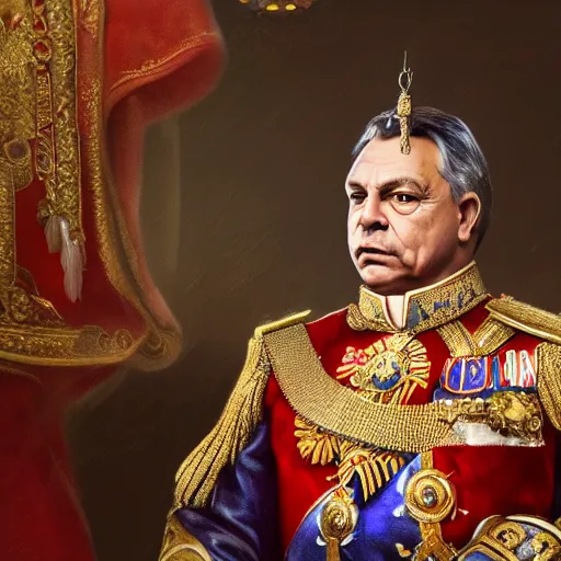 Image similar to an extremely realistic portrait depicting the coronation of hungarian prime minister viktor orban dressed in royal national costume, on the frozen danube, detailed, intricate, elegant, fat, highly detailed, digital painting, artstation, concept art, smooth, sharp focus, illustration,