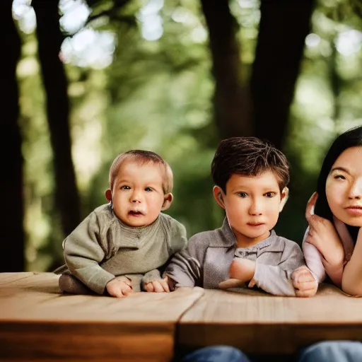 Image similar to a family who are built out of wood, 5 0 mm lens, f 1. 4, sharp focus, ethereal, emotionally evoking, head in focus, volumetric lighting, 8 k