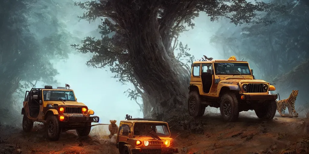 Image similar to Mahindra thar, headlights turned on, tigers and lions attacking, chasing action scene, an epic fantasy, dramatic lighting, cinematic, establishing shot, extremely high detail, photorealistic, cinematic lighting, matte painting, artstation, by simon stalenhag, horizon forbideen west