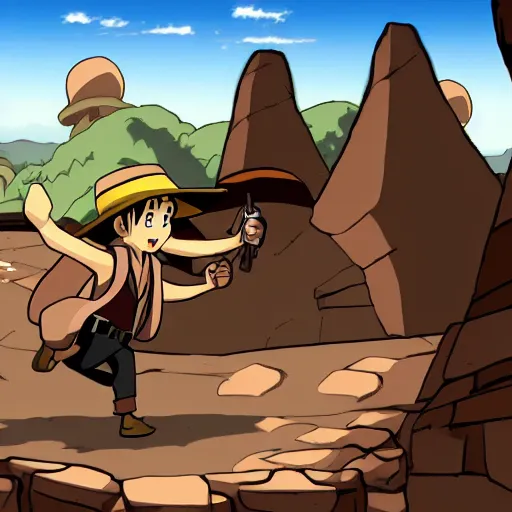 Image similar to Indiana Jones running away from boulder trap, raiders of the lost ark, anime style