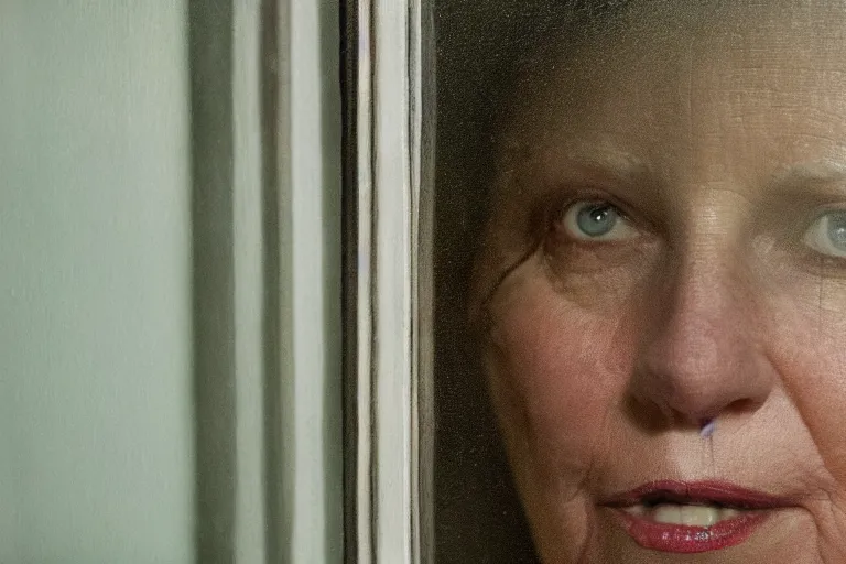 Prompt: a cinematic painting of an old female prisoner inside of jail cell, looking through a steamed up glass window, beautiful lighting, high depth, ultra realistic, artistic, by annie leibovitz