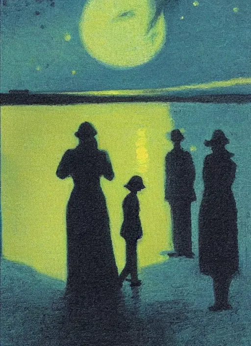 Prompt: silhouetted figures in the night enshrouded in an impressionist representation of Mother Nature and the meaning of life by Edward Hopper and Igor Scherbakov, the figures cast their shadows on the still water, abstract colorful lake garden at night, the moon reflects in the water, thick visible brush strokes, figure painting by Anthony Cudahy and Rae Klein, vintage postcard illustration, minimalist cover art by Mitchell Hooks