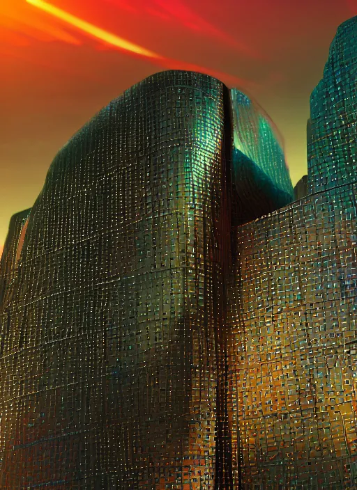 Image similar to hyper realistic and detailed closeup photo of a beautiful robot with segmented iridescent translucent panels with sunset over a futuristic city behind by annie leibovitz