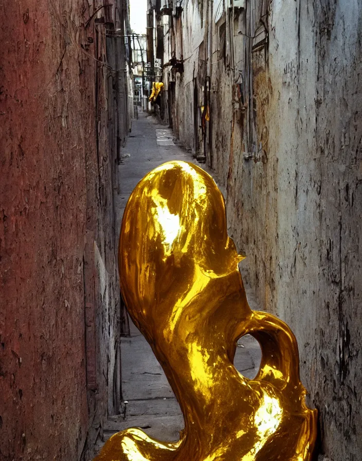 Prompt: vintage color photo of a liquid gold sculpture in a south american alley, image by werner herzog