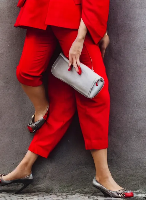 Image similar to close up portrait of beautiful Italian woman, wearing a red outfit, well-groomed model, candid street portrait in the style of Steve McCurry award winning
