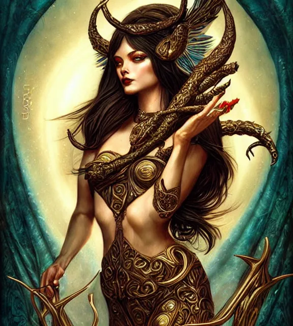 Image similar to goddess of the hunt, tarot card, ornate, digital art by artgerm and karol bak