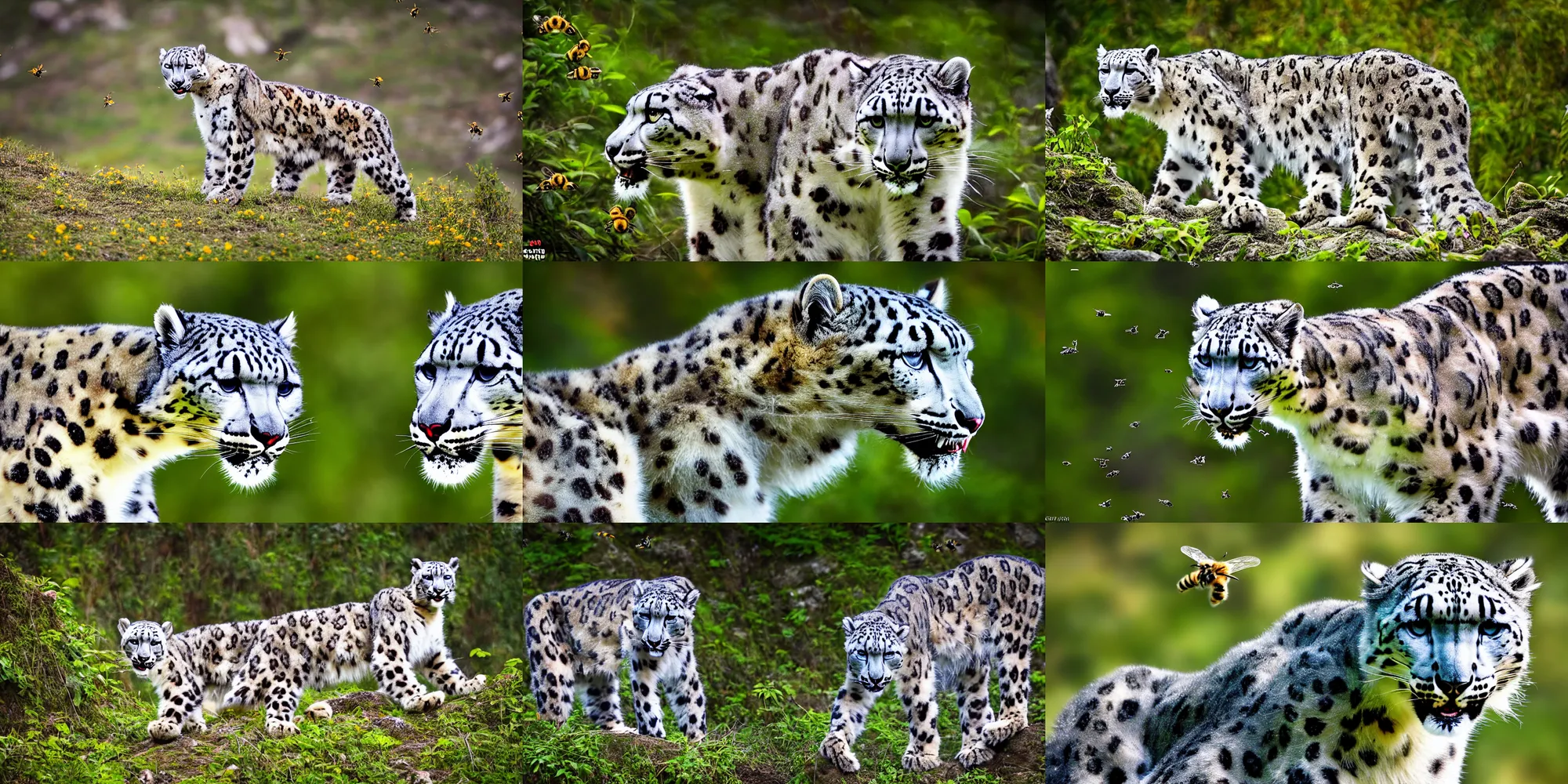 Prompt: nature photography of cyborg snow leopard in a mountain kerala bees flying in the air, there are detailed vegetation and strange plants, the image emotes feelings of power, award winning 4 k hdr photography