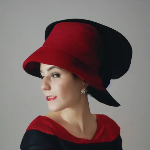 Image similar to fine art portrait photography half - length portrait of stunning girl in a red hat and black dress, kodak portra 4 0 0, 8 k, soft light, volumetric lighting, highly detailed,,