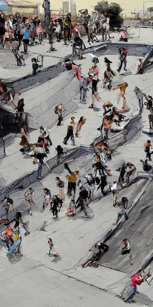 Image similar to oil painting scene skatepark with skaters and ramp by kim jung gi