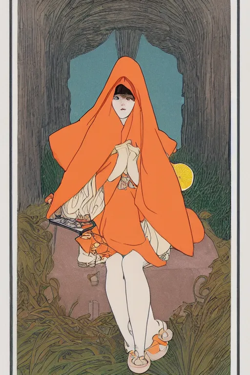 Image similar to a Girl in a large hood sitting on the ground and there have orange slices and album and Microphone around her,Visual Communication Design by studio ghibli and mucha ,Refreshing colour