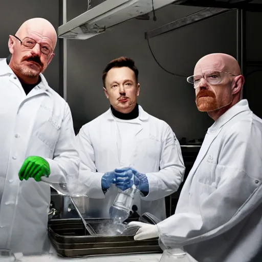 Image similar to elon musk and walter white cooking meth in a laboratory, amazing detail, detailed faces, sharp, 8k