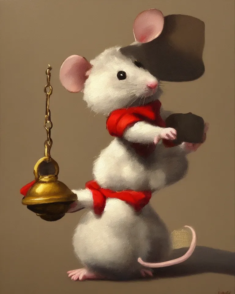 Prompt: an old oil painting of a cute mouse standing on two legs and holding a round bell, trending on artstation