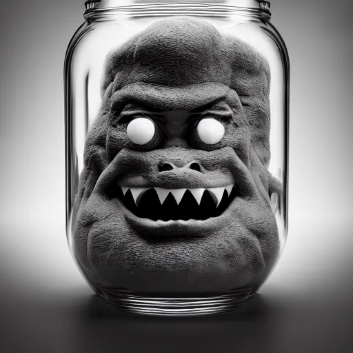 Image similar to Evil monster in a jar, product photography, centered, studio lightning