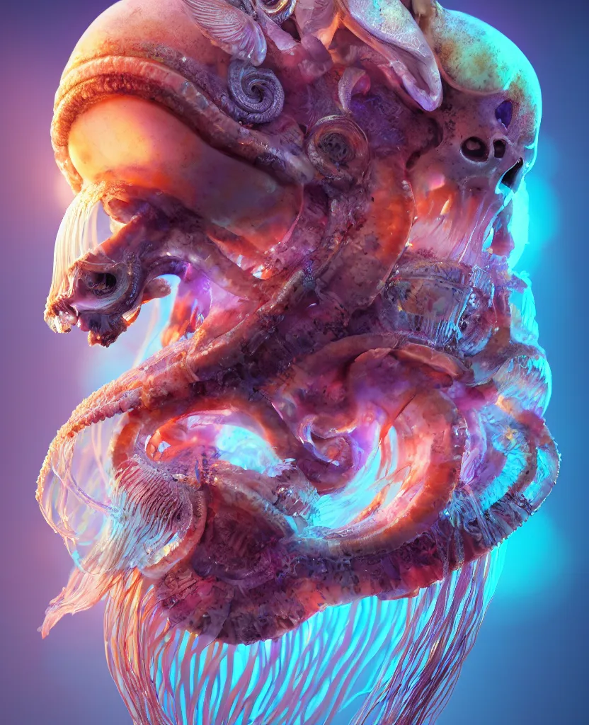 Prompt: goddess close-up portrait ram skull. jellyfish phoenix head, nautilus, orchid, skull, betta fish, bioluminiscent creatures, intricate artwork by Tooth Wu and wlop and beeple. octane render, trending on artstation, greg rutkowski very coherent symmetrical artwork. cinematic, hyper realism, high detail, octane render, 8k